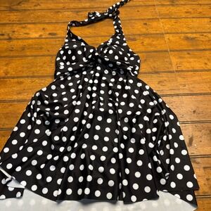 Aimage Black White Polka Dot‎ Halter Neck Flounce Swim Dress Size S